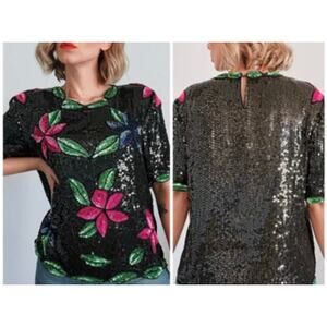 Vintage 1980’s “Sténay” Black Sequin & Beaded Blouse Floral Pattern Large